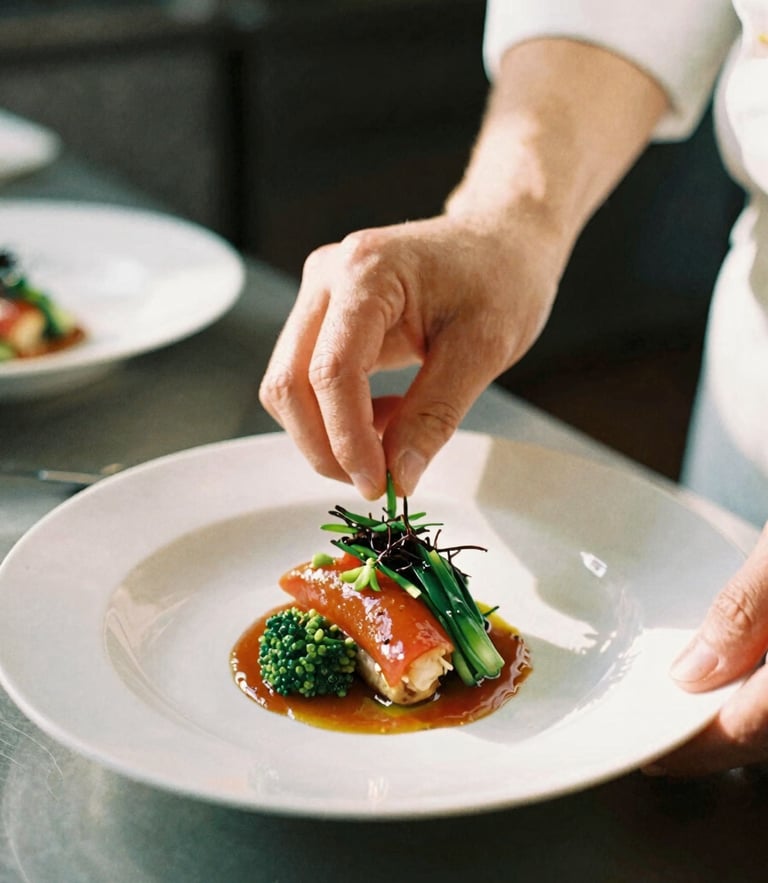 Close-up of chef's hands plating a vibrant dish in a warm kitchen, soft natural side daylight, shallow depth of field, 35mm film