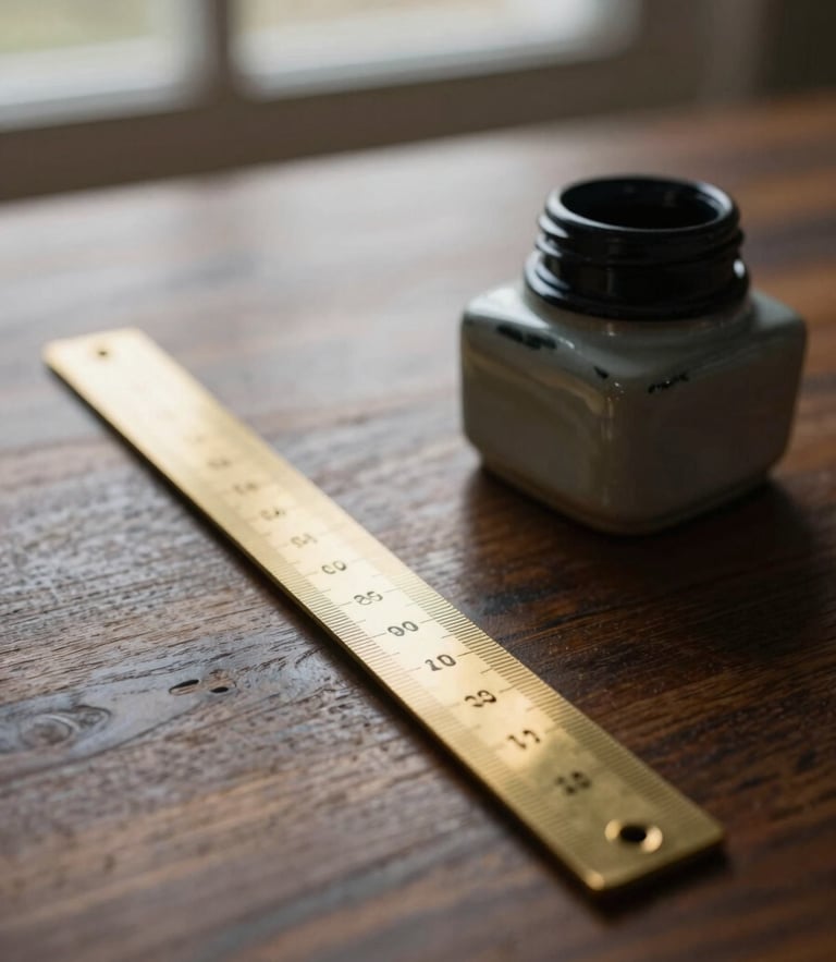 A close-up of a solid brass ruler and a heavy ceramic inkwell resting on a dark oak desk, warm morning light, shallow depth of field, 35mm.