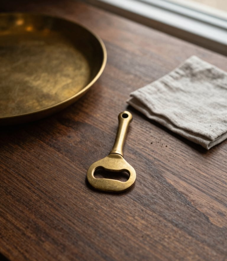 Overhead shot of a solid brass bottle opener, a heavy brass tray, and a linen coaster resting on a dark walnut table, soft side window light, rich tactile textures, warm editorial photography.