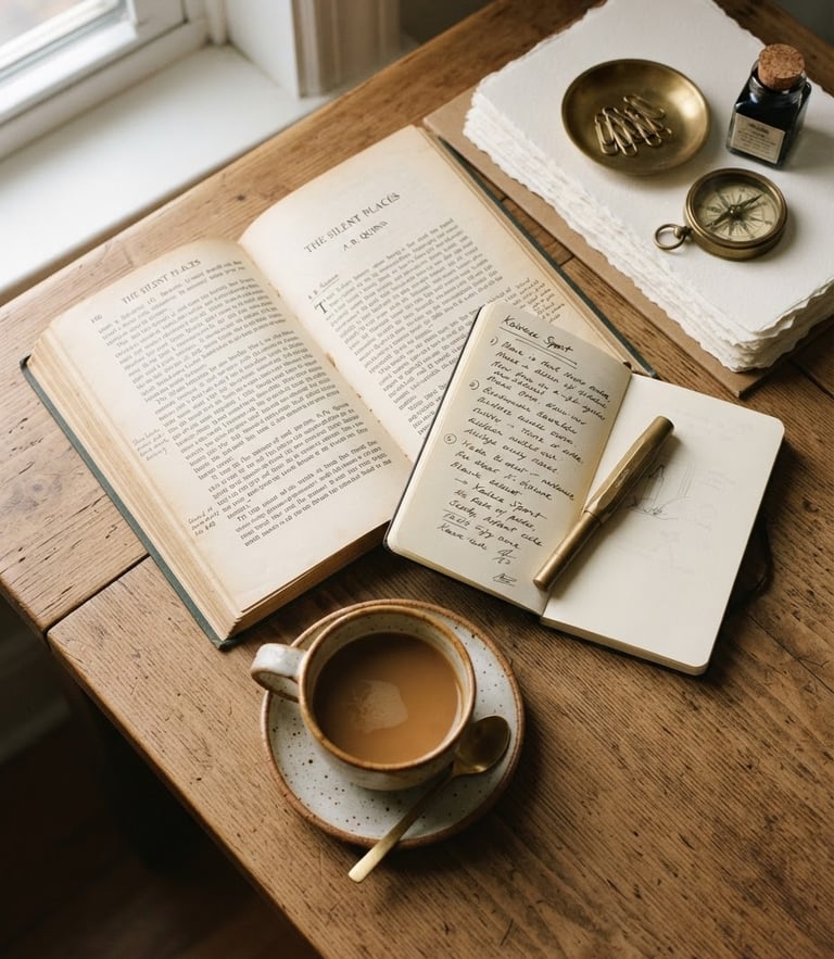 Overhead flat-lay of a warm wooden desk with open books, a ceramic coffee cup casting soft shadows, brass objects, and heavy paper under warm morning window light, 35mm