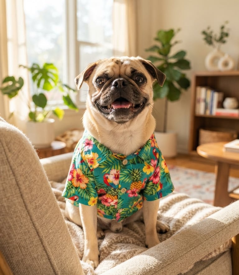 A joyful pug wearing a colorful custom-tailored tropical shirt, sitting comfortably in a bright sunlit living room, eye-level shot, warm natural photography