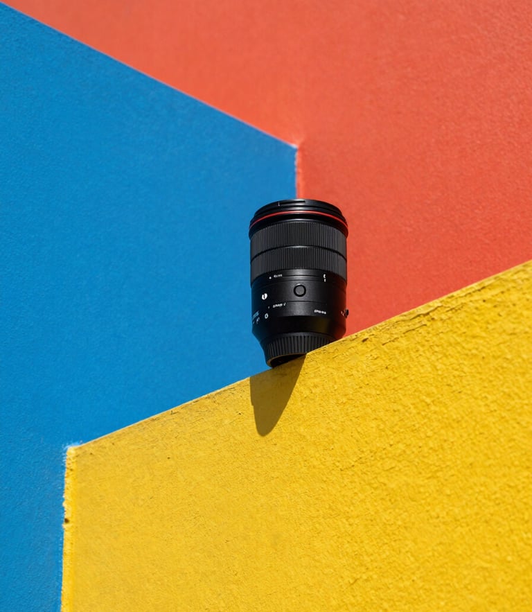 Vibrant commercial product photography, sharp architectural angles, hard direct sunlight, high-contrast saturated colors, 35mm lens