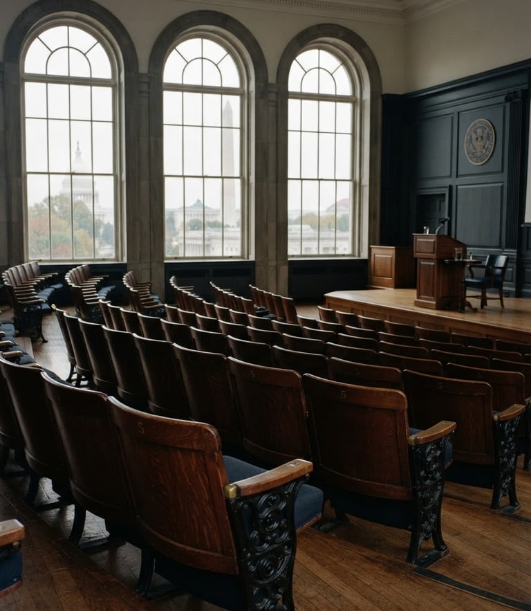 An empty high-end lecture hall in Washington D.C. with classic mahogany seating, soft overcast daylight through large arched windows, 35mm film style.