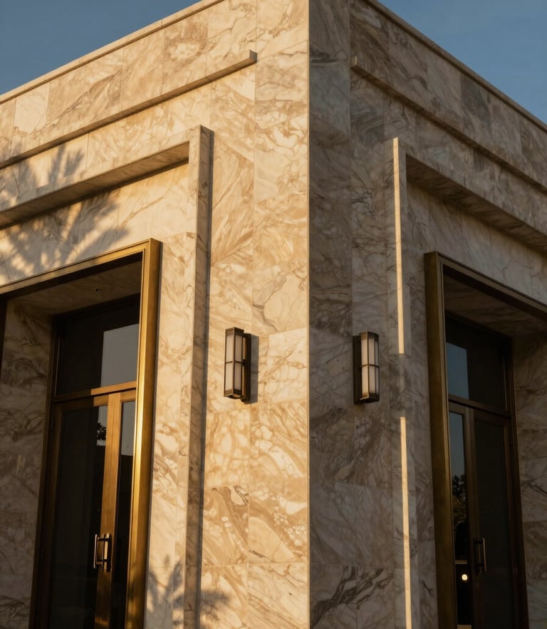 Dramatic low-angle shot of a modern limestone villa facade in Riyadh, golden hour sunlight casting deep shadows across veined marble accents, editorial architectural photography, 35mm lens.