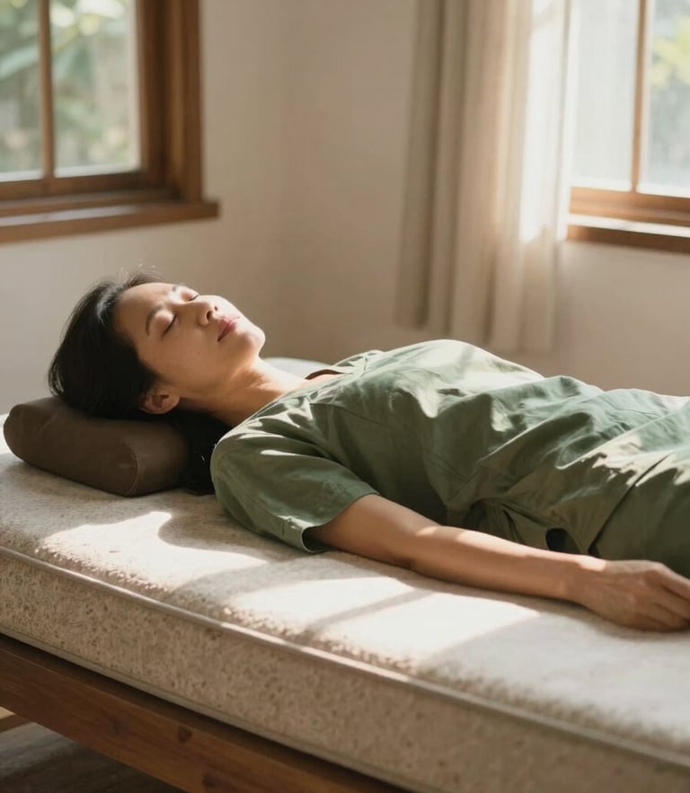 A serene middle-aged Vietnamese woman resting peacefully on a hot stone mattress, soft morning sunlight filtering through windows, warm and cozy atmosphere, earthy green tones, 35mm