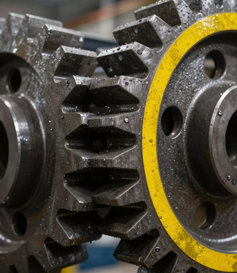 Macro shot of heavy steel industrial gears with safety-yellow paint accents, sharp warehouse lighting, gritty metallic texture, shallow depth of field