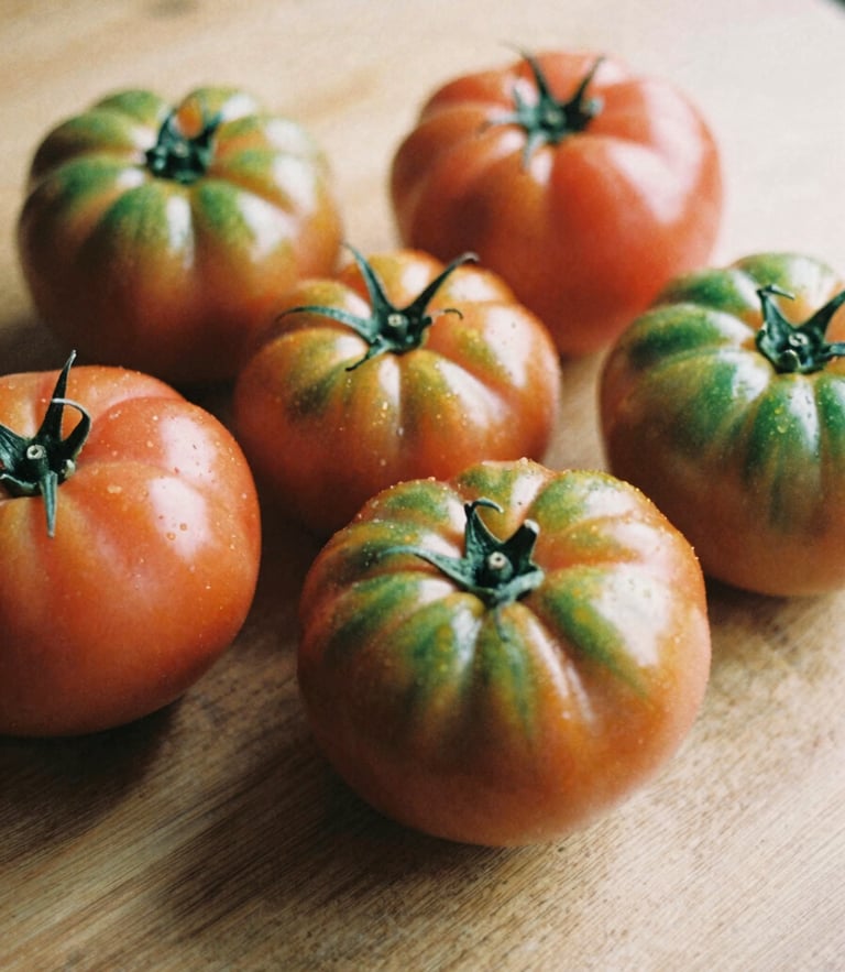 A close-up, warm editorial photograph of fresh heirloom tomatoes on a wooden prep table, soft Scandinavian daylight casting deep shadows, matte texture, 35mm film
