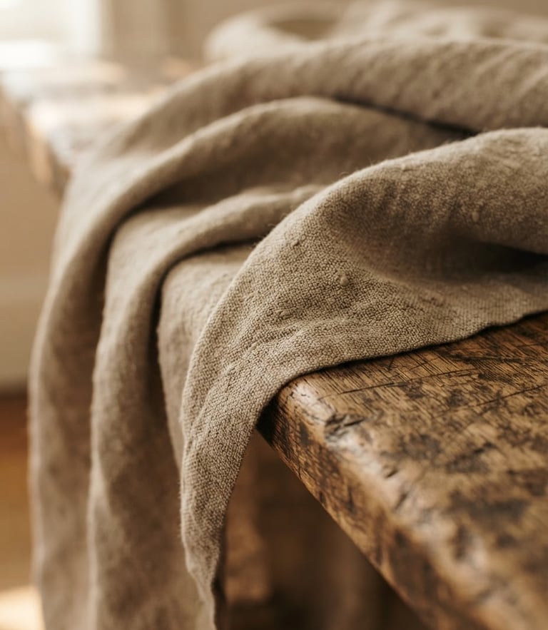 Macro close-up of heavy-weight un-dyed linen fabric draped over a worn oak bench, soft afternoon window light, warm earthy tones, shallow depth of field
