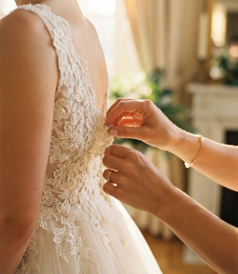 Close-up of elegant wedding dress lace being adjusted by styling hands, warm diffused golden-hour window light, soft ivory and gold tones, shallow depth of field