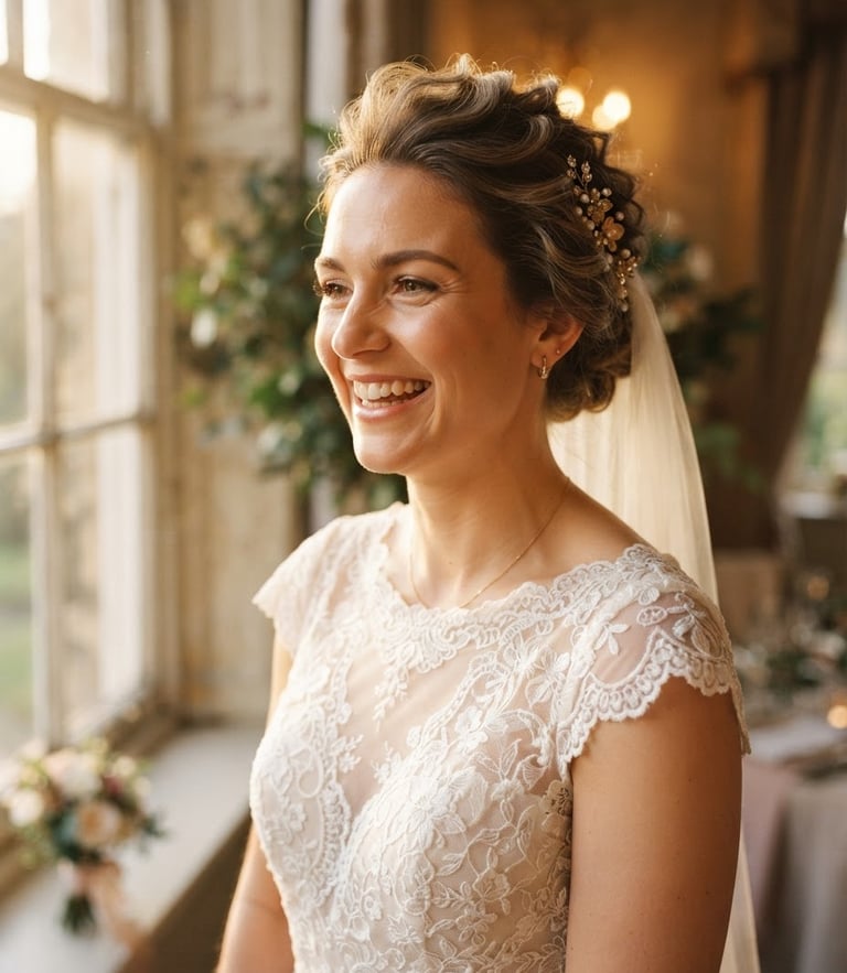 Smiling bride with elegant bridal updo and lace wedding dress standing by a window.