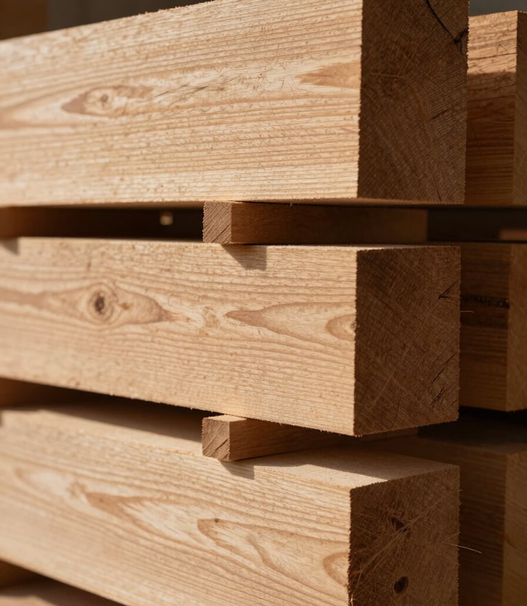 Low-angle warm editorial photograph of raw oak timber stacks in a sunlit workshop, soft side-lighting highlighting rich wood grains, shallow depth of field, 35mm