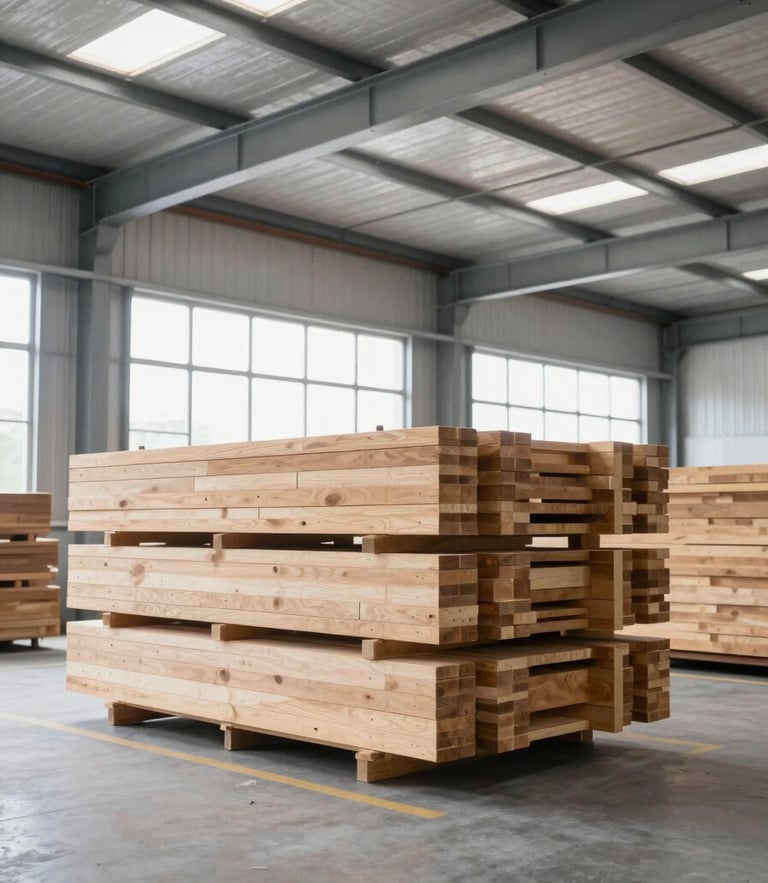 Industrial warehouse interior with stacked timber and steel beams, bright daylight from high windows, clean corporate photography, 35mm