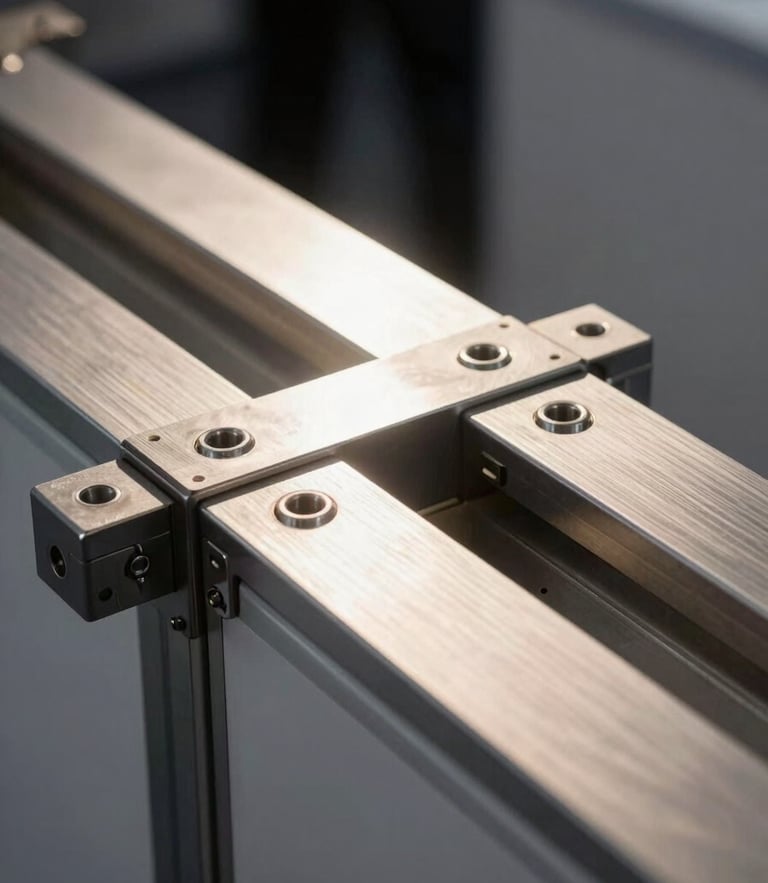 Close-up of pristine fabrication details, seamless metal joints on a custom corporate exhibition stall, dramatic spotlighting highlighting structural integrity.