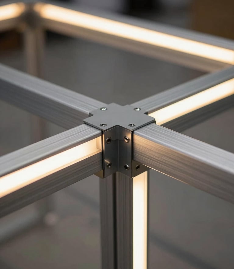 Close-up of pristine fabrication details, seamless metal joints on a custom exhibition stall frame, glowing integrated LED panel edges.