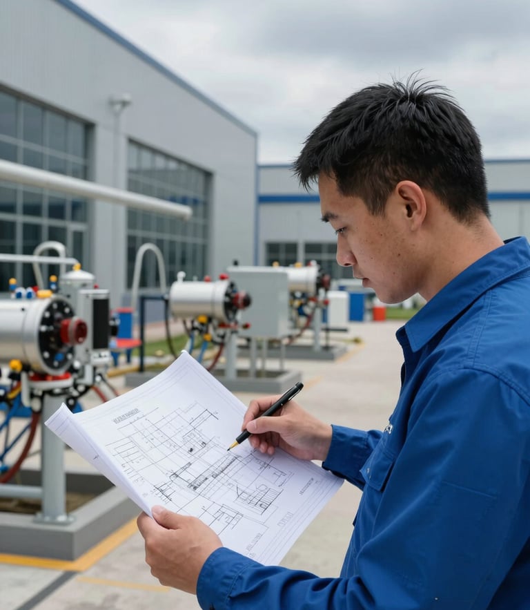 Cool overcast daylight shot of a professional electrical engineer studying blueprint schematics on-site at a modern industrial facility.
