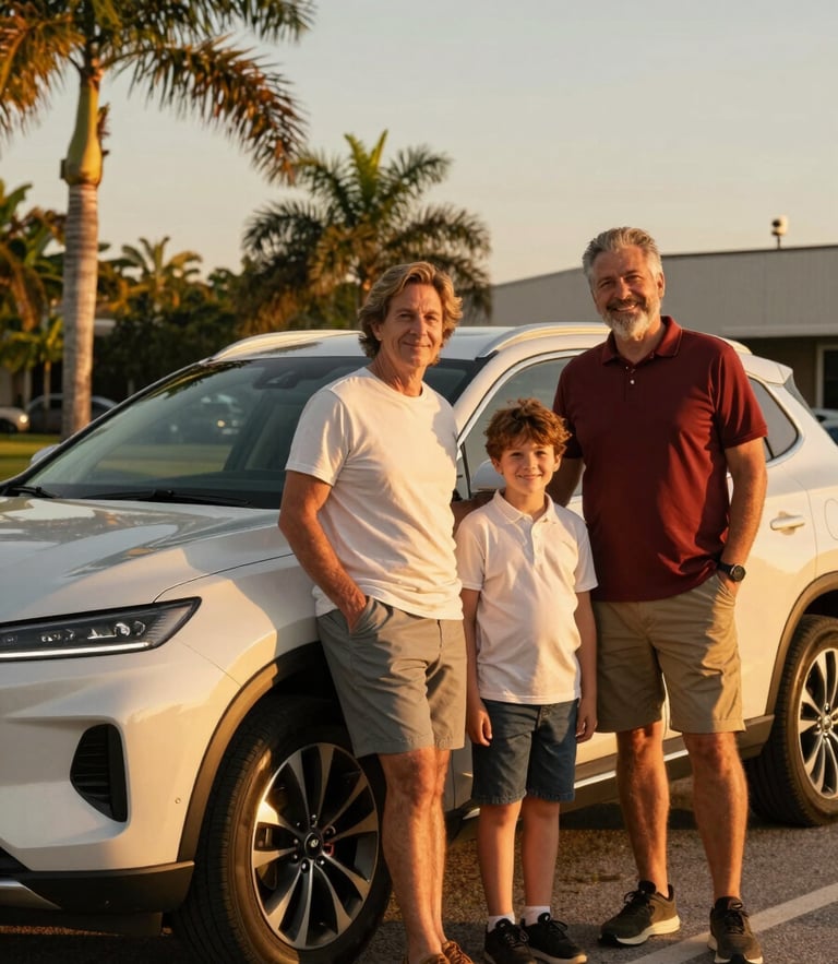 A warm, sun-drenched medium shot of a family standing proudly next to a clean SUV in Saint Petersburg, Florida, golden hour sunlight, rich tones