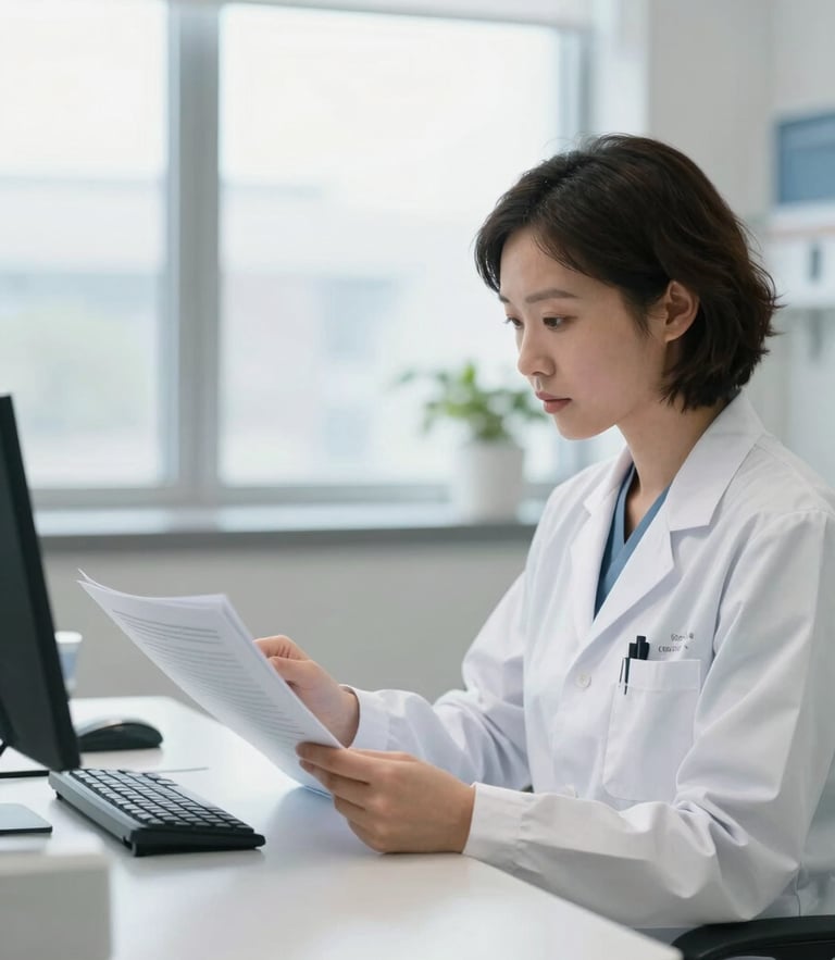 A professional Canadian clinical administrator reviewing reports in a bright, modern, clean daylight hospital office, cool sterile tones, sharp focus, 35mm lens