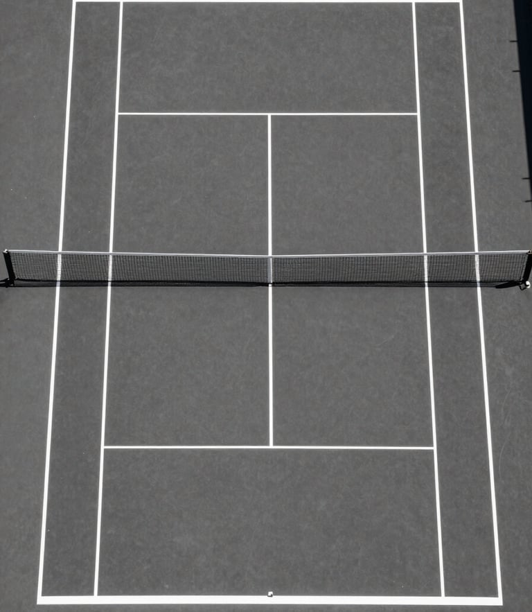 Symmetrical overhead drone shot of a pristine, empty tennis court in hard midday sun, casting sharp geometric white lines on dark asphalt charcoal.
