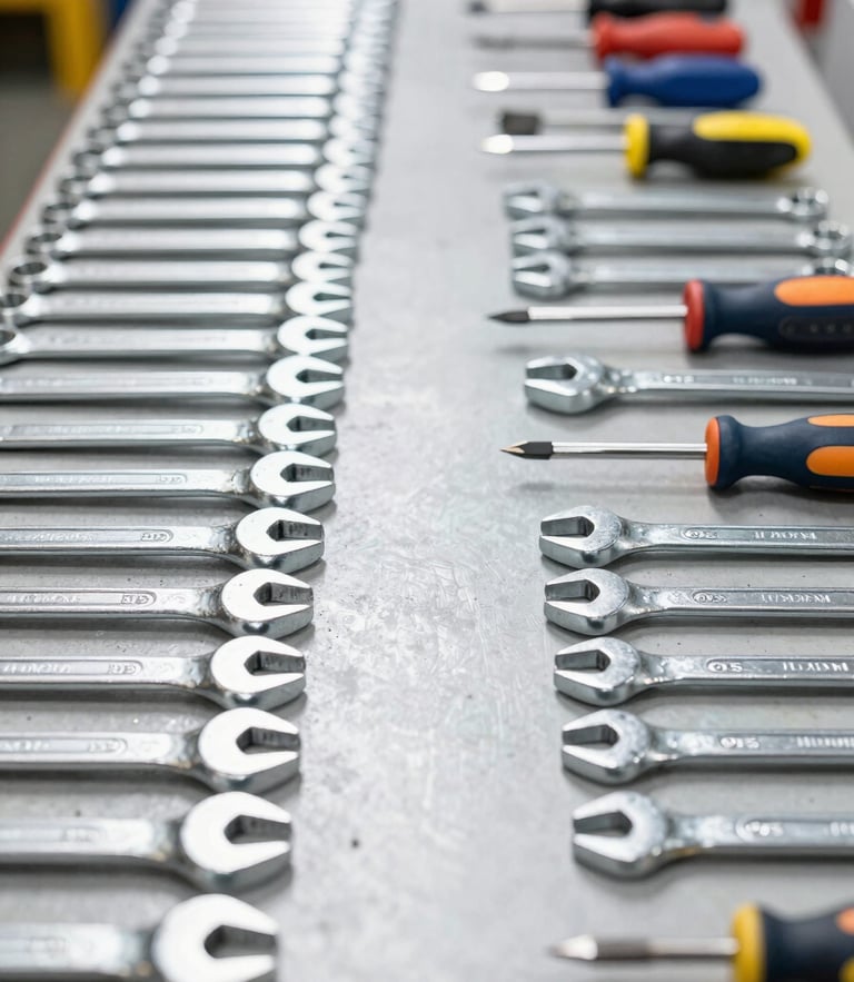 Straight-on industrial commercial photography of neatly organized steel hand tools, wrenches, and screwdrivers on a heavy workbench, bright high-key lighting, sharp focus, 35mm
