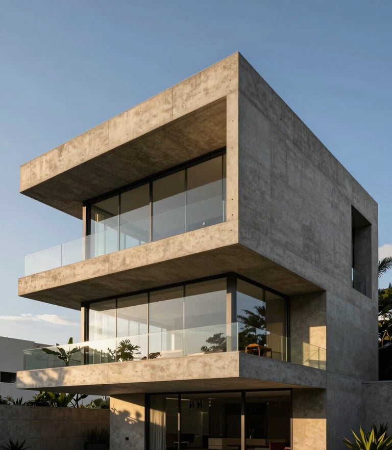 Wide architectural elevation of a contemporary luxury concrete villa in Rio de Janeiro, dramatic sunset light, sharp geometric lines, glass facades, high-contrast shadows.