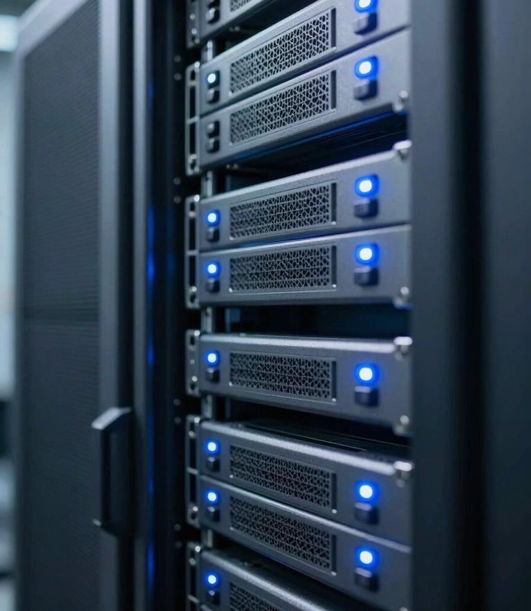 Macro close-up of immaculately organized server racks with subtle blue LED status lights, cool slate tones, sharp focus, professional technology environment