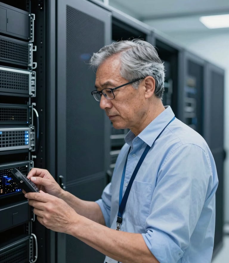 A professional senior IT consultant in a modern clean server room environment, cool blue and slate tones, sharp focus, 50mm lens