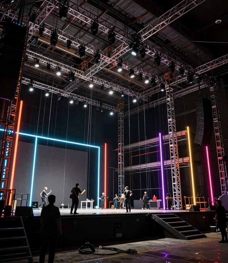 Dramatic environmental shot of a massive stage build under construction, technicians rigging overhead trussing, sharp contrast, low-key lighting.