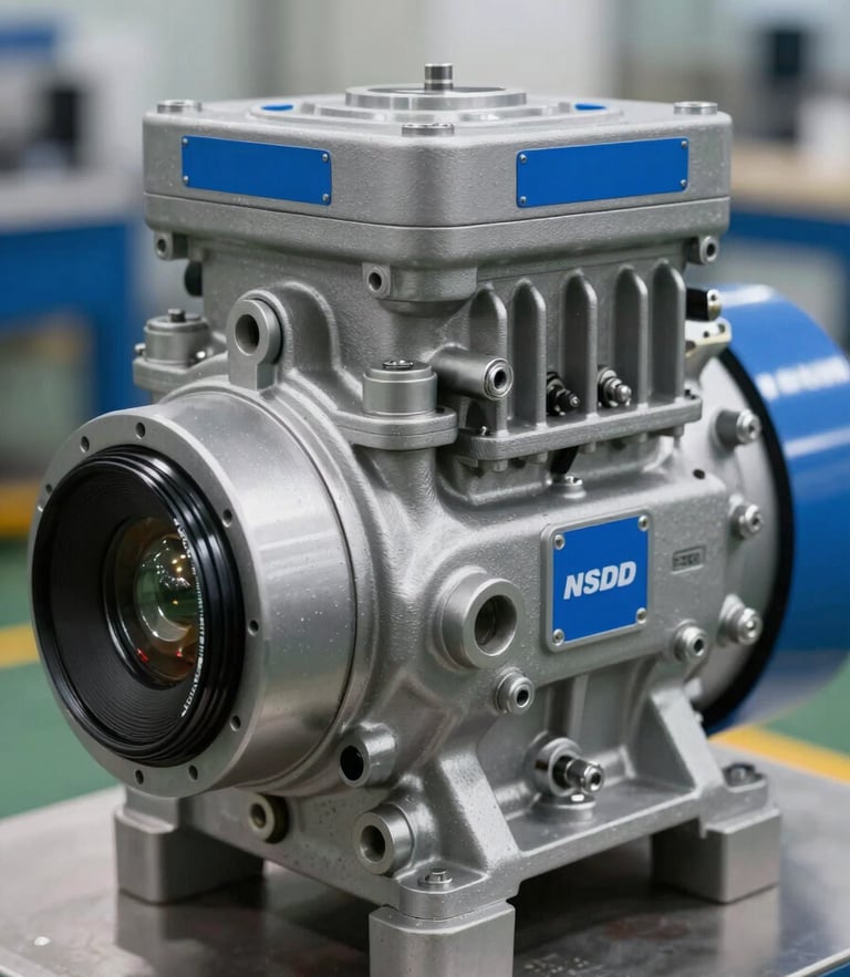 Close-up of a high-performance screw compressor unit, metallic textures, blue brand accents, clean industrial environment.
