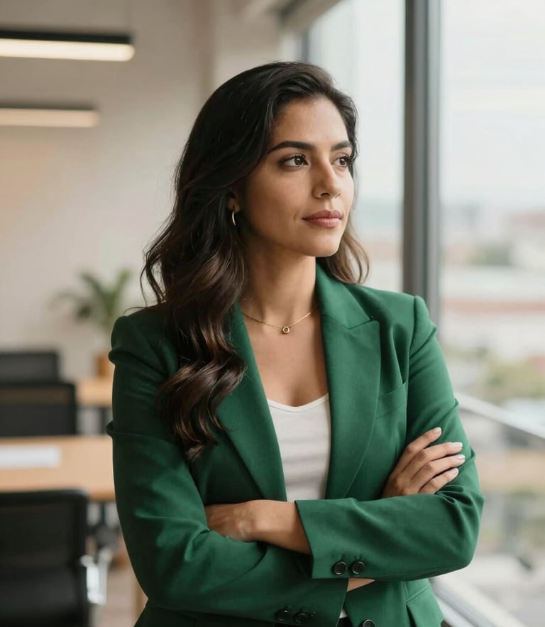 Portrait of a confident Latin American female tech founder in a warm-lit modern office, looking thoughtfully out of a window, warm editorial photography, soft natural office light, deep green and cream tones, shallow depth of field, 35mm