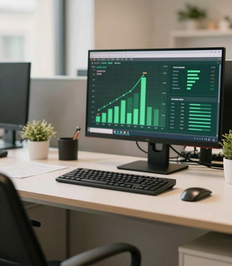 A clean modern office workspace with soft natural light, a digital dashboard showing green growth metrics on a screen in the background, warm editorial photography style.