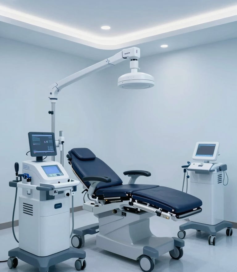 Crisp, clean interior of a modern healthcare clinic in Dubai, professional medical equipment, cool blue-toned lighting, minimalist design.