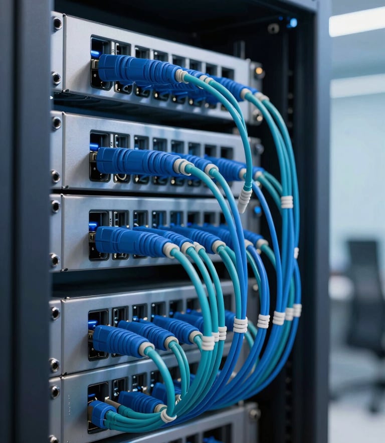 A close-up of a modern server rack with perfectly organized blue and teal fiber optic cables, cool ambient studio lighting, sharp focus on technical details.
