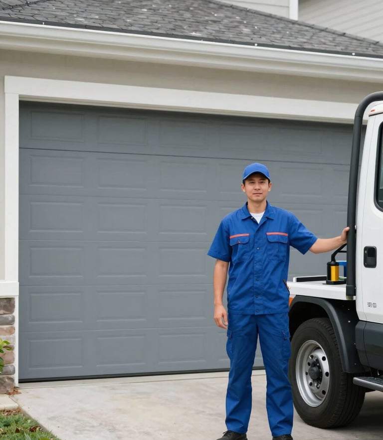 A professional Canton garage door technician in a clean uniform standing next to a service truck in a residential driveway, daylight, crisp focus