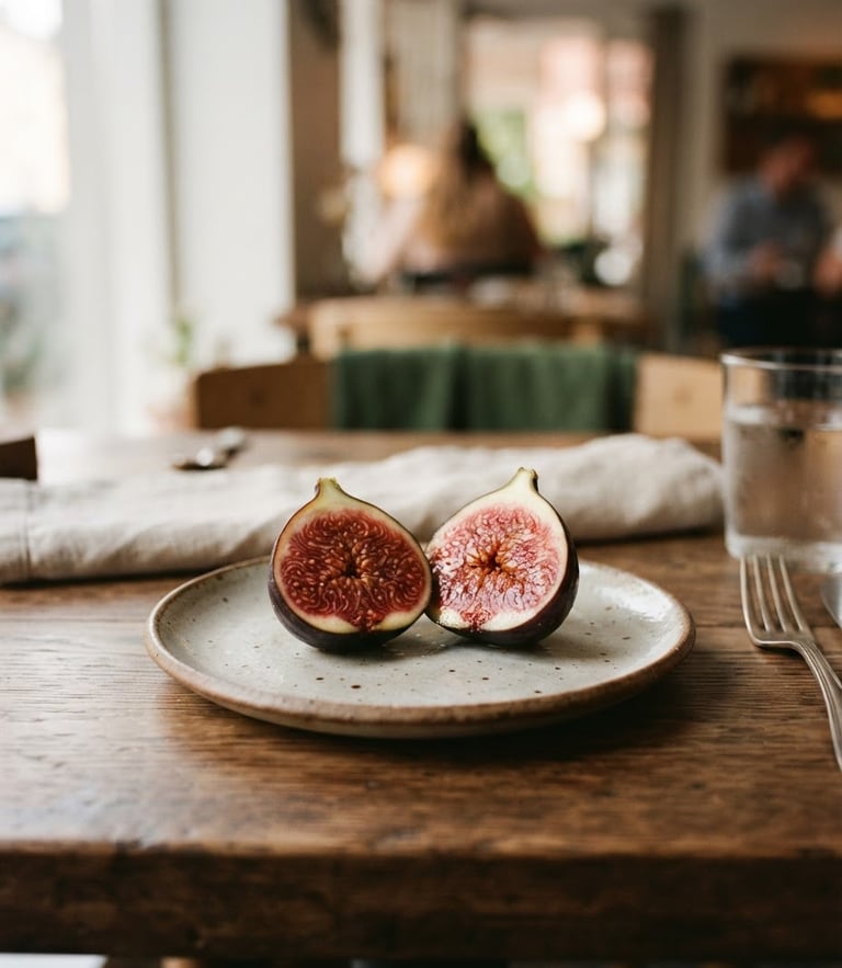 Warm editorial food photography of a minimalist Scandinavian restaurant table, a ceramic plate with a single fresh fig cut in half, soft side window daylight, rich crimson tones, shallow depth of field, 35mm