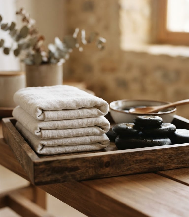 Medium close-up of folded soft white linen towels beside a set of natural basalt hot stones on a wooden tray, warm diffused indoor lighting, elegant home spa setting, 35mm photography
