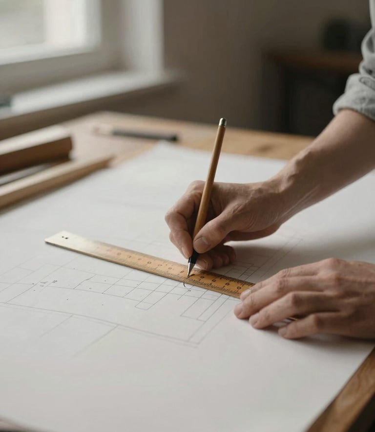 Warm editorial shot of a master tailor drawing pattern lines on heavy paper with a wooden ruler, soft side daylight, desaturated charcoal tones, 35mm