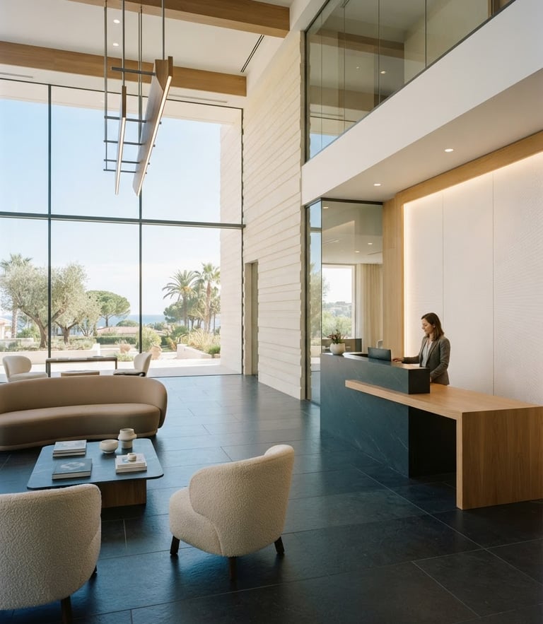 Architectural interior photography of a sunlit modern office lobby in Saint-Raphaël, clean lines, slate and warm cream tones, high-end editorial, 35mm