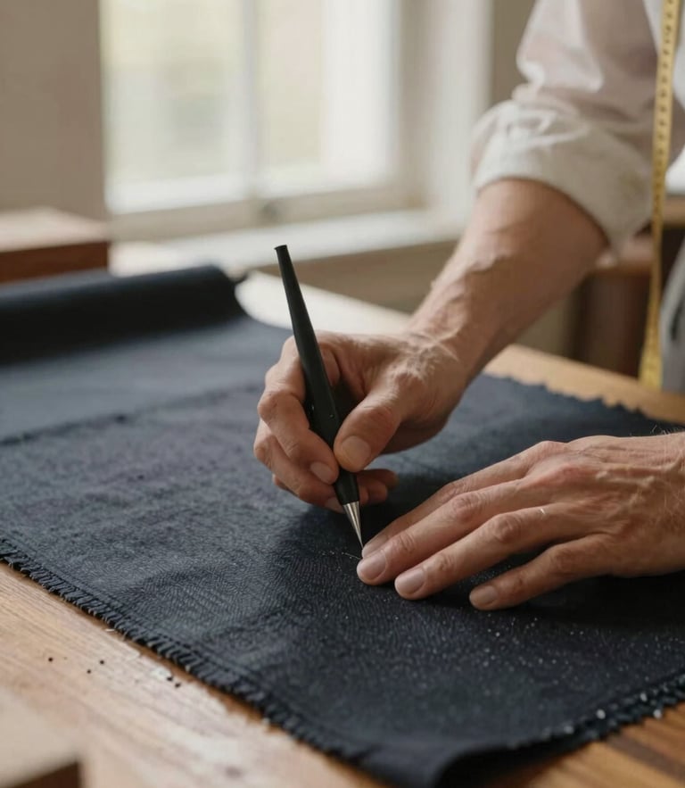 Close-up of master tailor hands chalking dark wool fabric on a wooden table, warm natural window light, shallow depth of field, 35mm