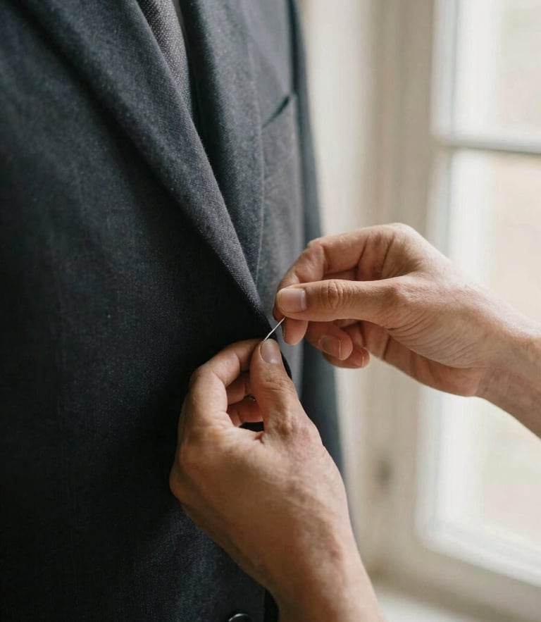 Macro shot of master tailor hands pinning a dark wool suit jacket, soft warm window lighting, editorial 35mm photography