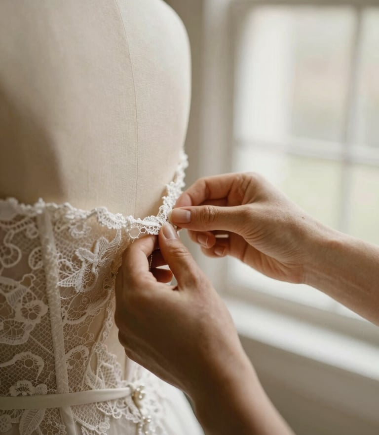 Close-up of hands pinning delicate white lace on a bridal mannequin, warm natural window light, muted cream tones, shallow depth of field, 35mm