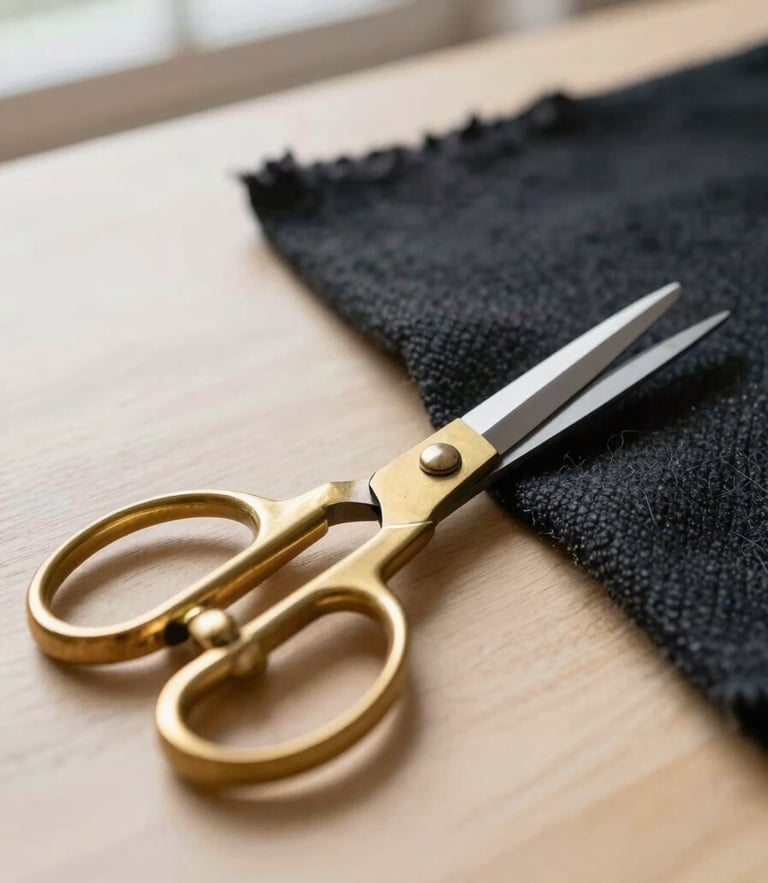 Macro shot of heavy brass tailor shears cutting dark charcoal wool fabric on a clean wooden table, soft natural window light, shallow depth of field, 35mm