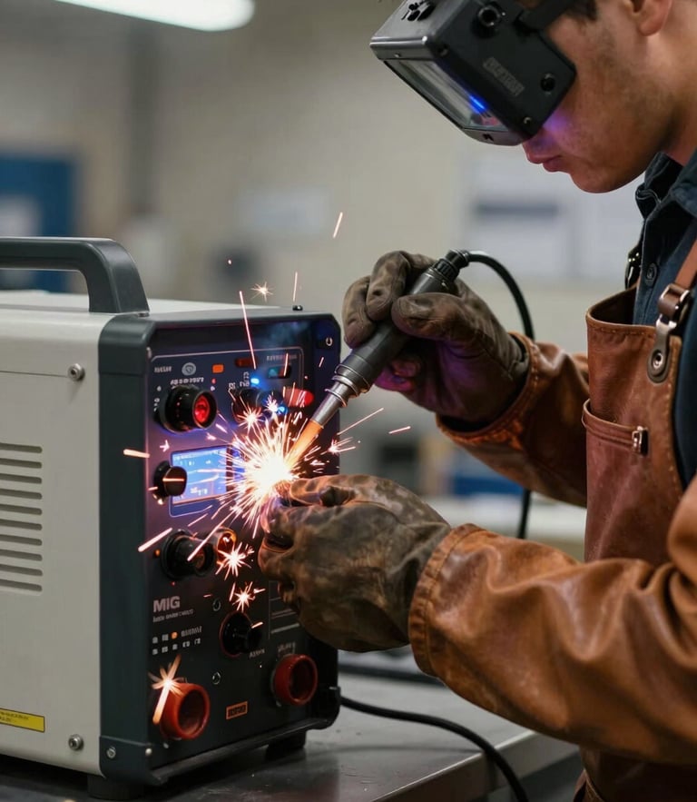 Close-up of a professional technician in a leather apron calibrating a heavy-duty MIG welding power source, high-contrast industrial lighting, safety orange sparks in sharp focus.