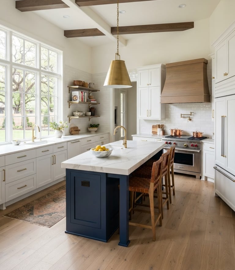 Crisp architectural photography of a bright, newly remodeled luxury kitchen in Fort Worth, showing quartz countertops and clean white cabinetry under natural window light