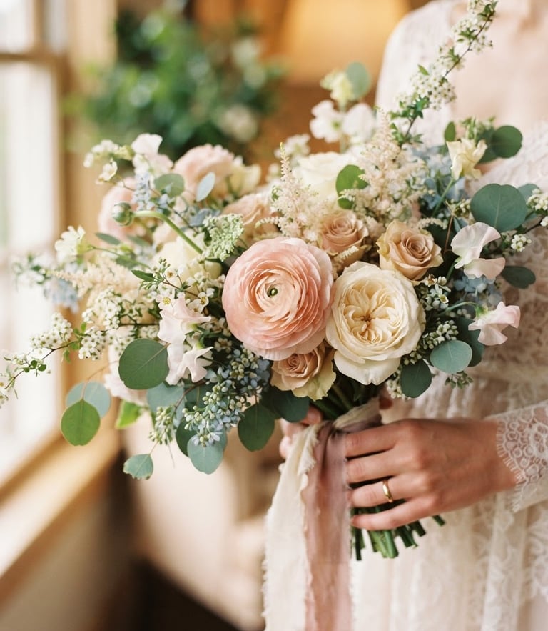 Close-up of a delicate asymmetrical bridal bouquet with blush ranunculus and pale green eucalyptus held naturally in soft morning window light, shallow depth of field, 35mm