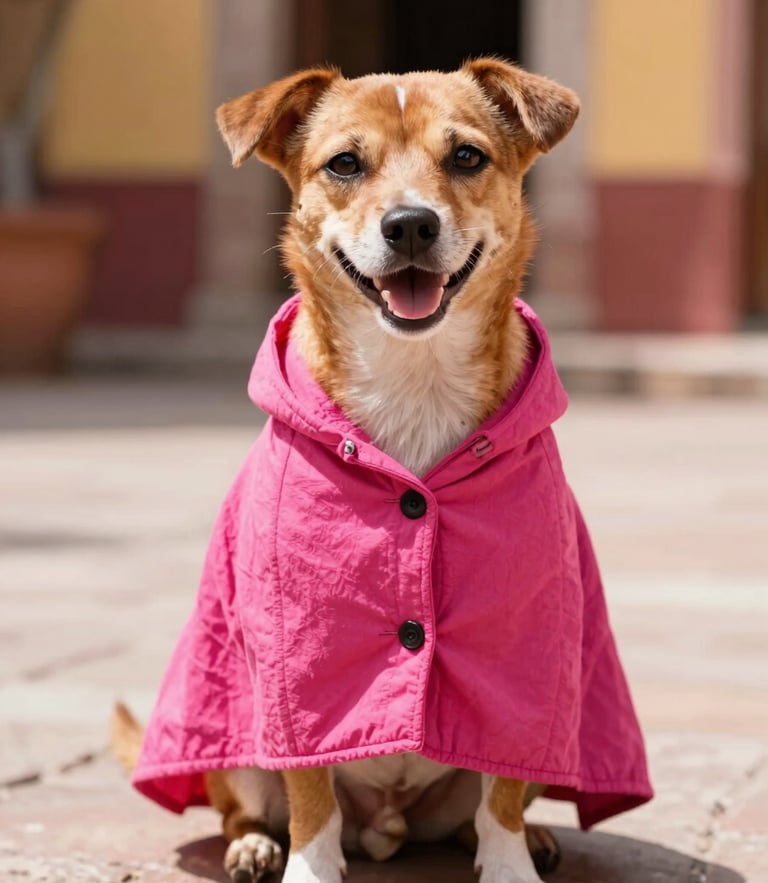 A happy small dog wearing a vibrant pink handmade poncho, sitting comfortably in a sunlit Mexican courtyard, warm natural light, shallow depth of field, 35mm