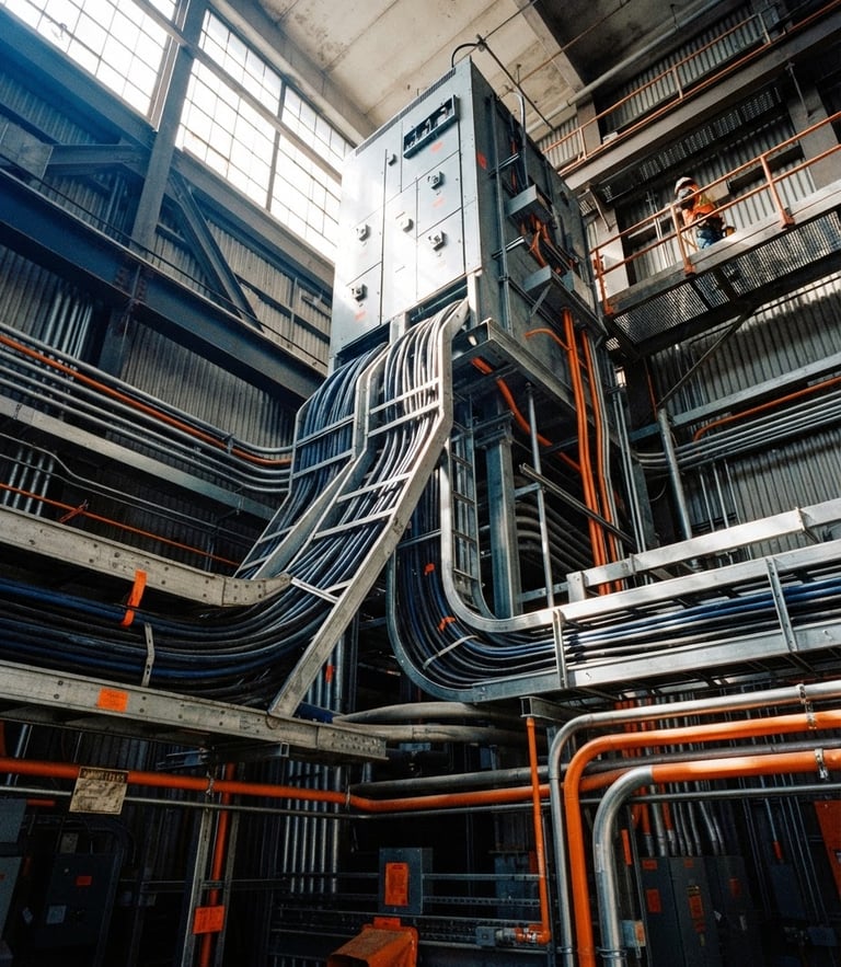 Low-angle heroic shot of an industrial electrical installation, heavy cable trays, conduit pipes, bright safety orange accents, high-contrast daylight, 35mm.