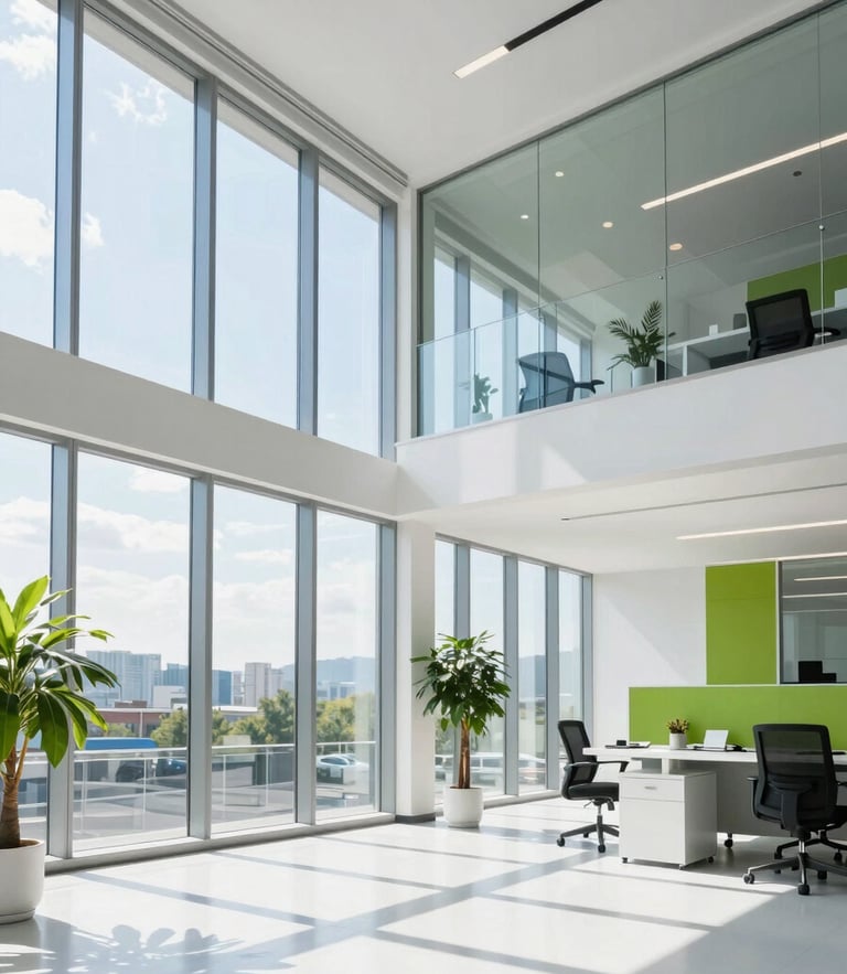 A sun-drenched modern office environment with clean glass walls, bright natural daylight streaming through large windows, wide angle, 35mm