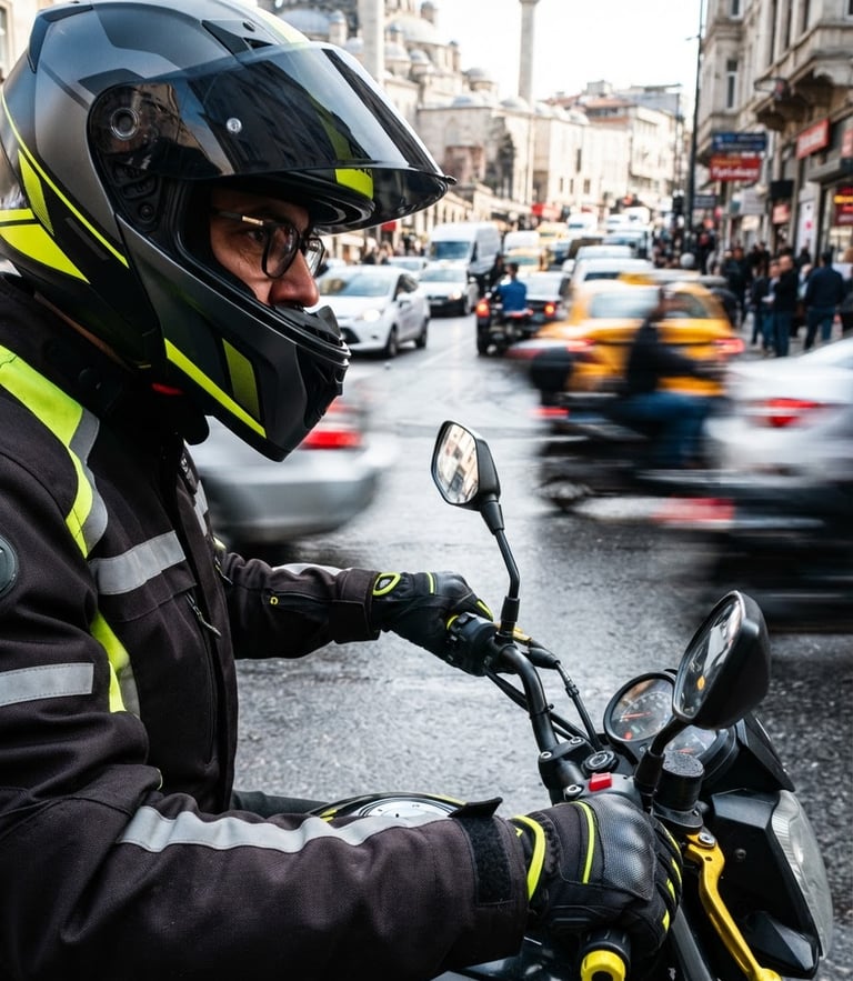 Dynamic close-up of a motorized courier's helmet and motorcycle handlebar, motion-blurred Istanbul street background, high-contrast daylight, yellow accents.