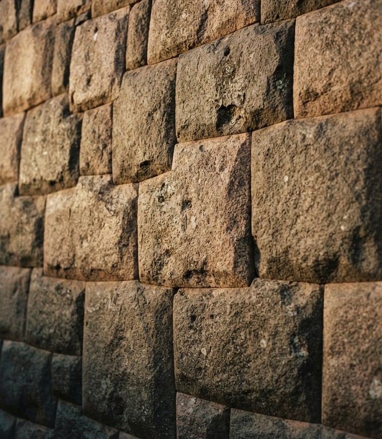 A close-up of ancient Inca stone masonry in Ollantaytambo, warm golden hour light hitting the detailed textures, 35mm film style.