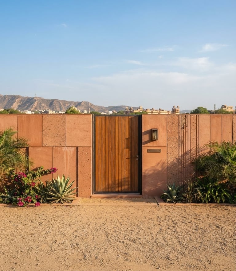 Straight-on architectural elevation of a modern boundary wall on a clean demarcated land parcel in Jaipur, bright afternoon sun, terracotta tones, 35mm lens